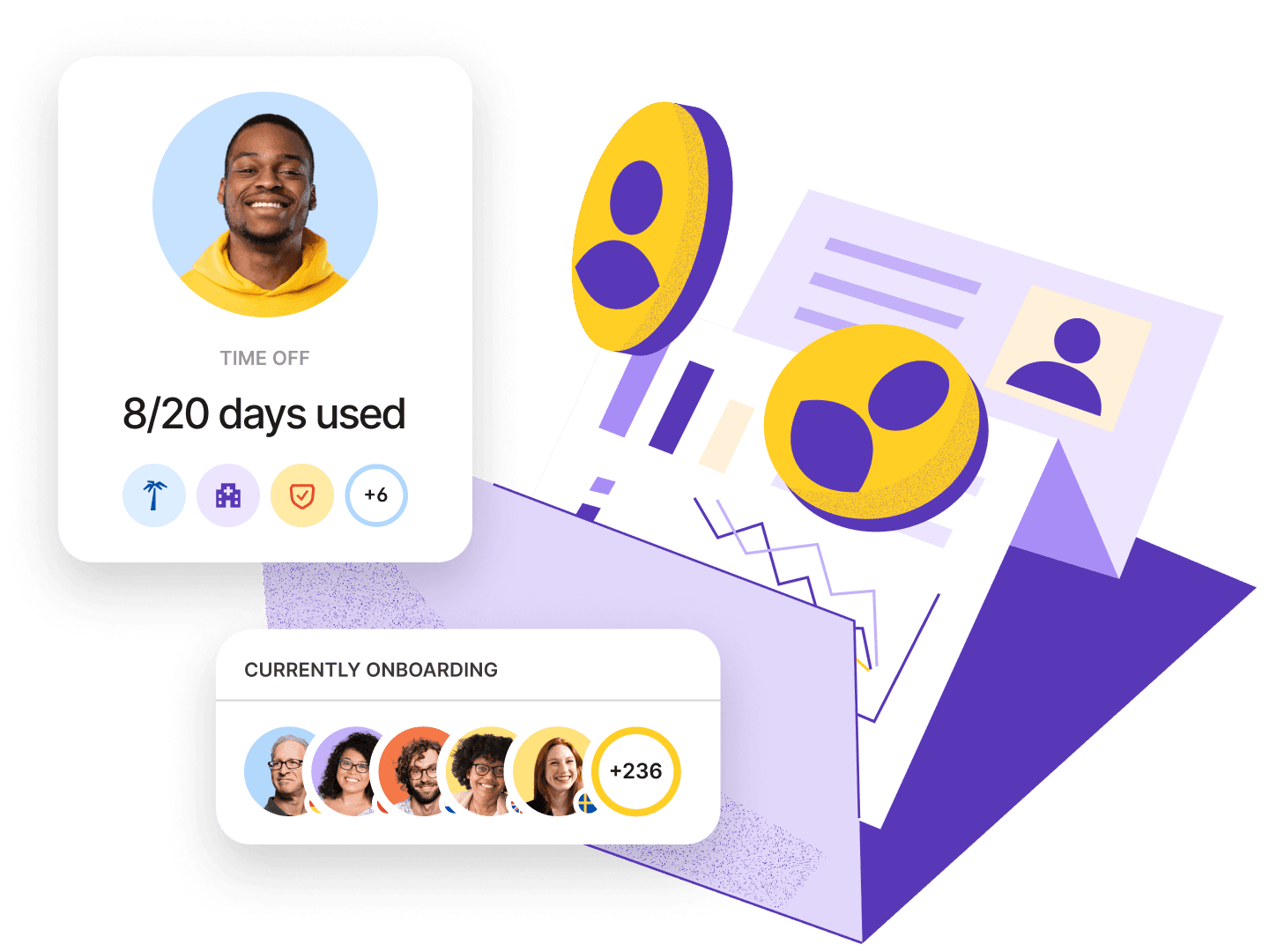 Illustration of a global HRIS dashboard showing employee time-off tracking, onboarding progress, and workforce data insights, representing centralized HR management.