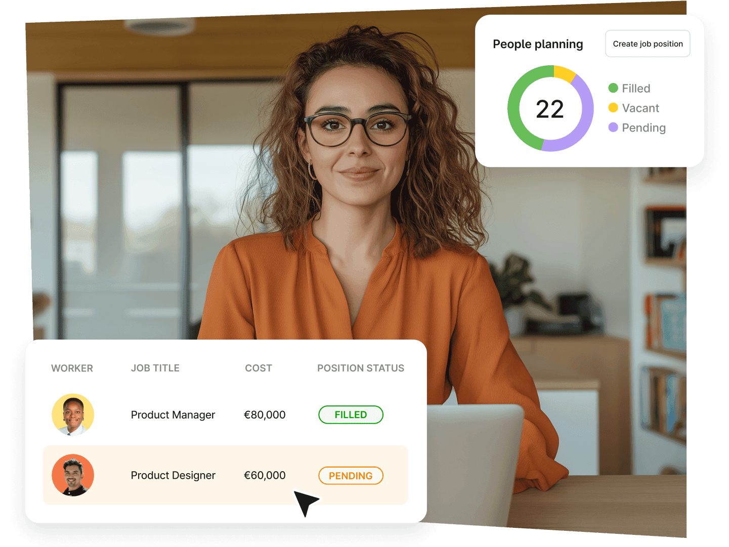 HR manager reviewing a workforce planning dashboard with filled and pending roles, salary data, and people planning status displayed on-screen.