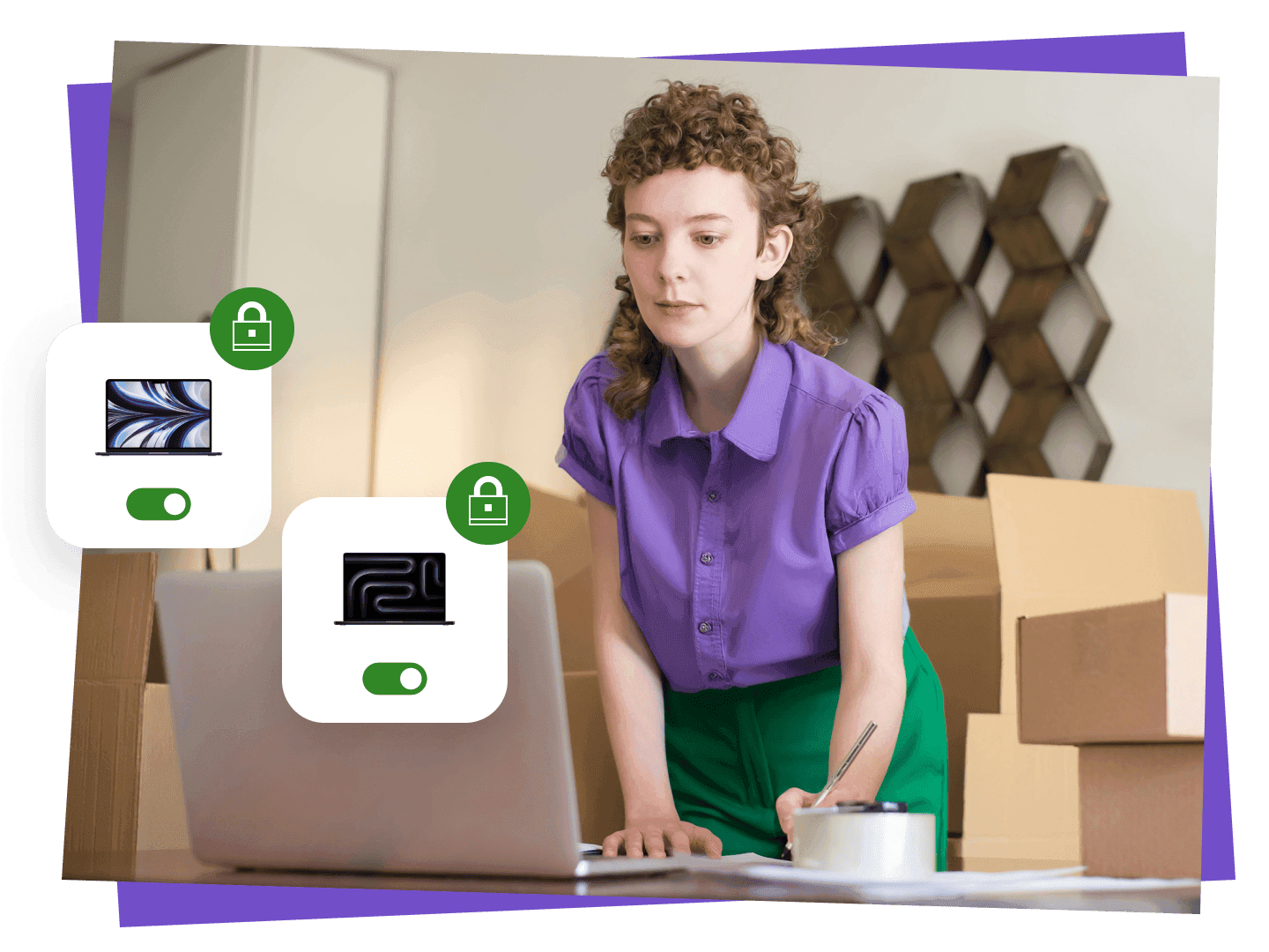 Young professional using a laptop surrounded by shipping boxes, with visual icons representing secure endpoint protection for company devices.